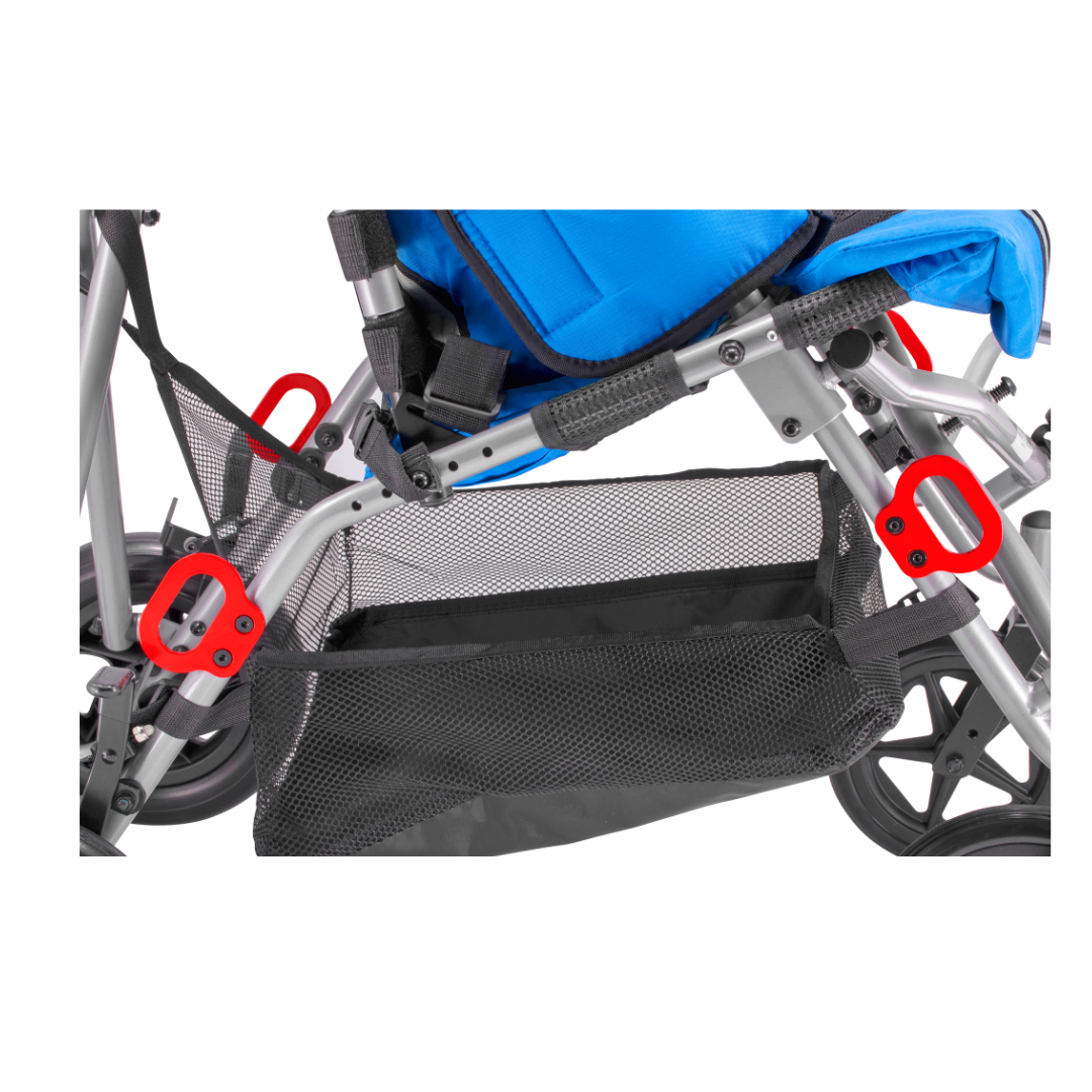 Close-up of Transit Brackets for Strive Adaptive Stroller, showing the mesh storage basket, blue seat, black wheels, red latch on a metal frame, and secure transit brackets for safe bus tie-downs.